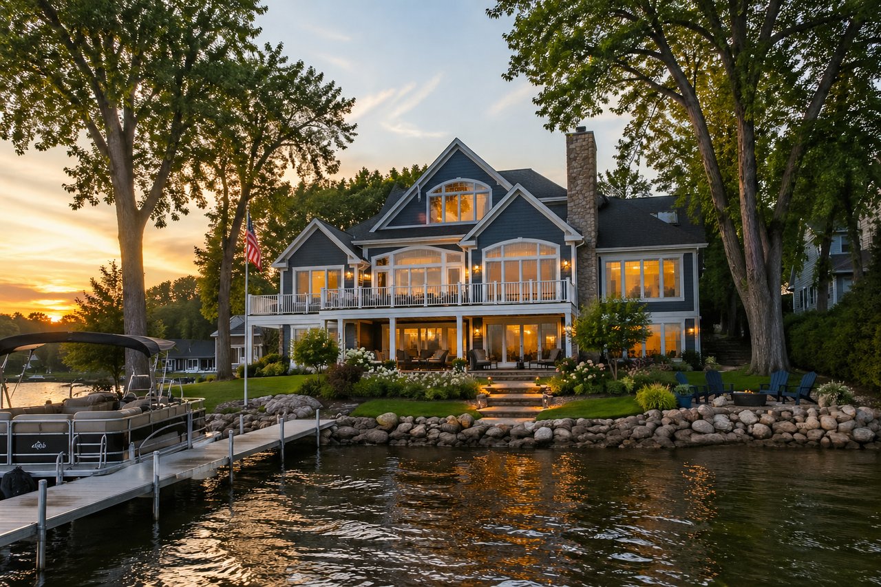 Lakefront home with broad decks and glowing windows, viewed from the water at sunset.