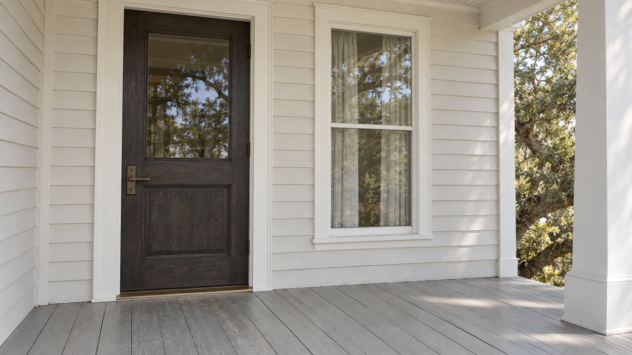 Covered porch entry with a dark oak door, white siding, tall window and gently worn gray floorboards beside a live oak canopy.