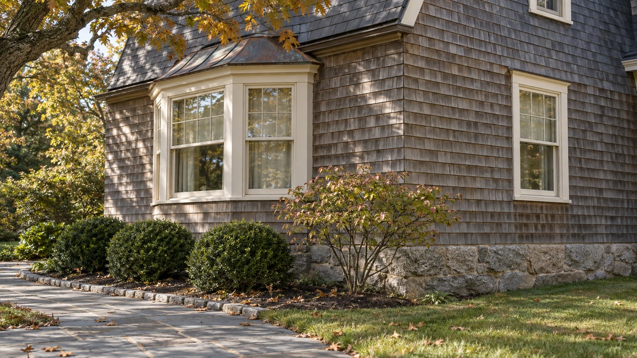 Cedar-shingled house corner with a three-pane bay window, copper cap, granite foundation, and oak branches overhead.