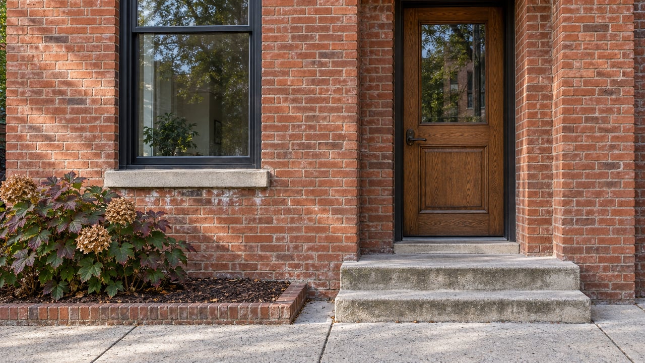A warm oak residential door and tall black-framed window set in weathered red brick above a shallow concrete stoop, beside an autumn oakleaf hydrangea.