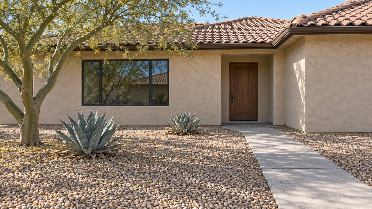 Sunlit stucco home with a clay tile roof, recessed wood entry, palo verde tree and agaves beside a concrete front walk.