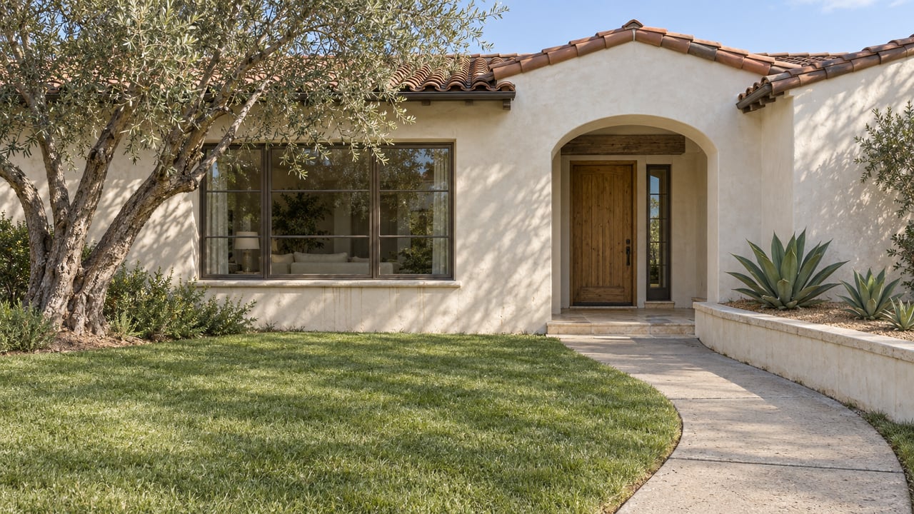 Cream stucco home with a red tile roof, recessed arched entry, olive tree and broad front lawn in clear sunlight.