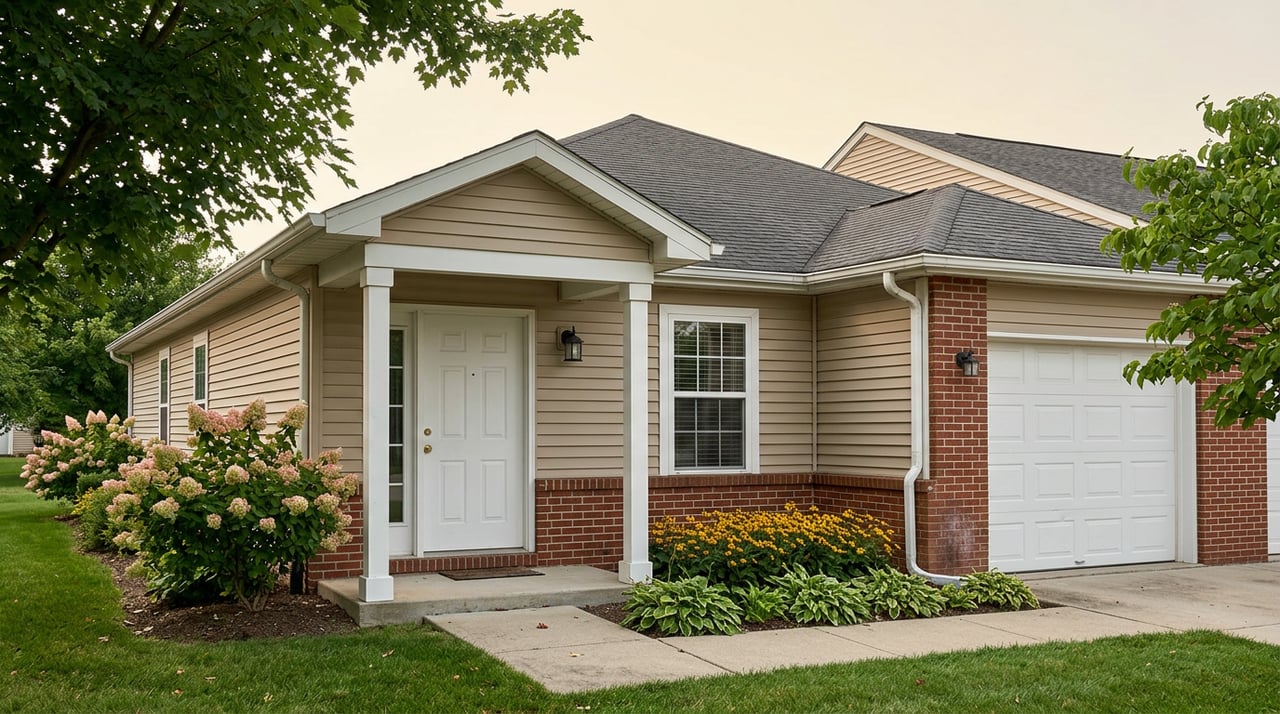 Single-story brick-and-vinyl ranch condo with a white garage door, flowering hydrangeas, and a maple canopy.