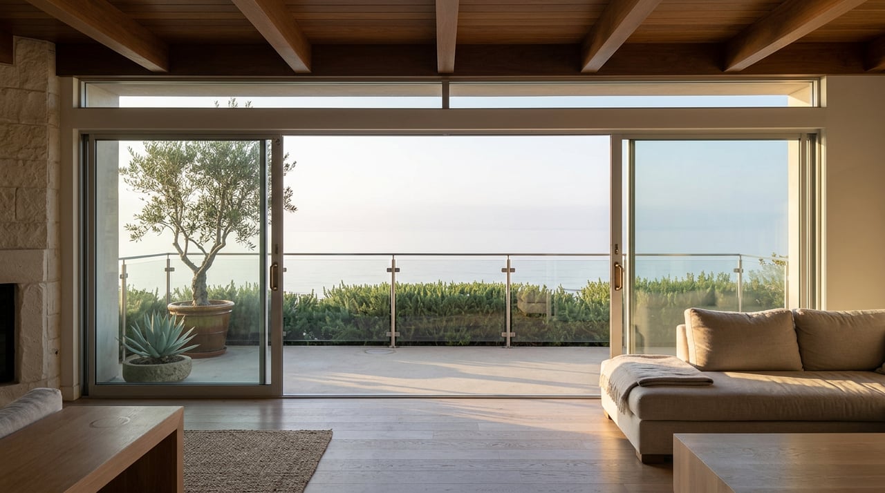 Great room opening onto a glass-railed terrace, with an olive tree, low hedge, and still water beyond.
