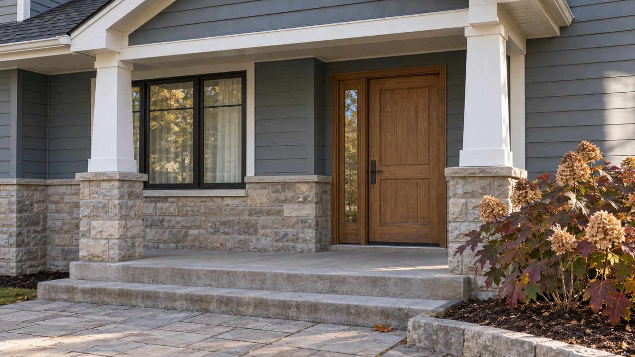Blue-grey house entry with an oak door, limestone porch bases and broad concrete steps beside an oakleaf hydrangea.