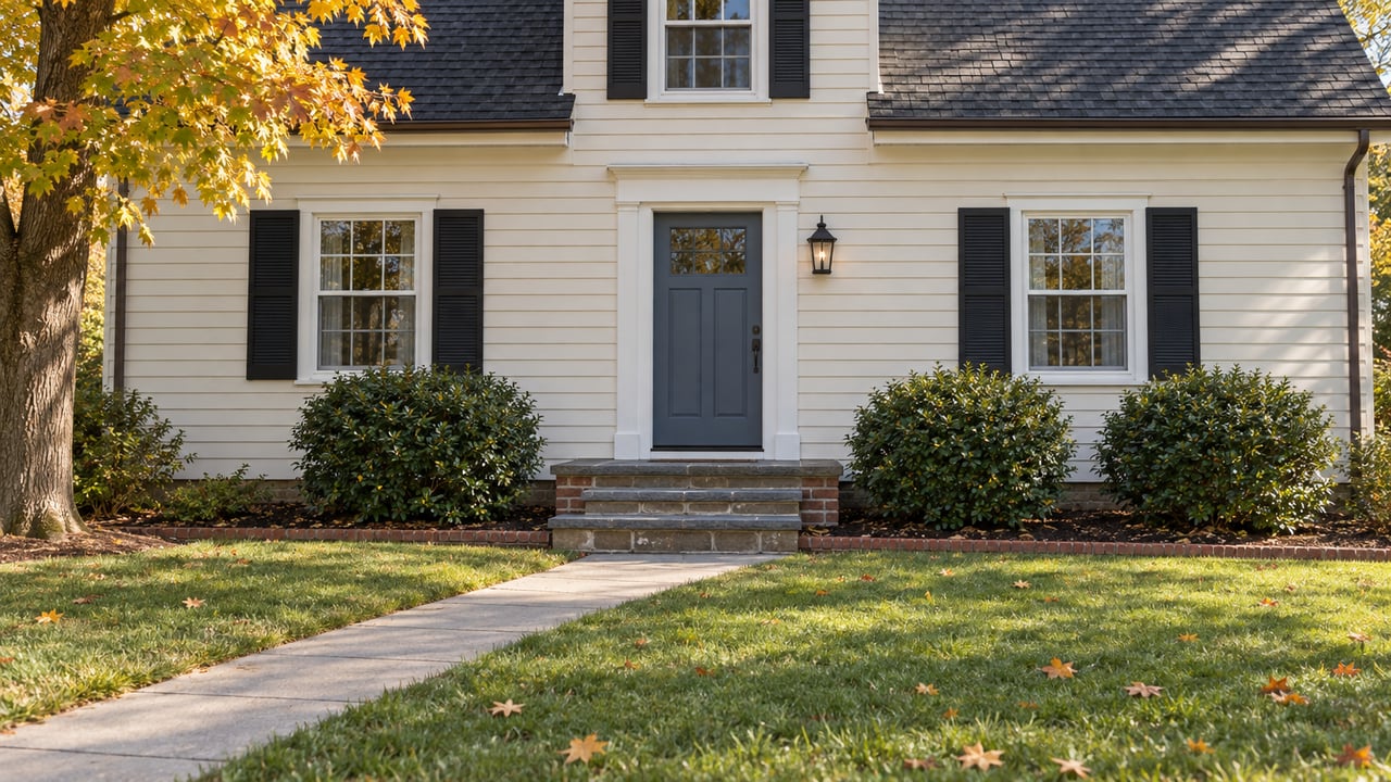 Cream clapboard home with dark shutters, a blue-gray front door, bluestone steps and an autumn lawn.