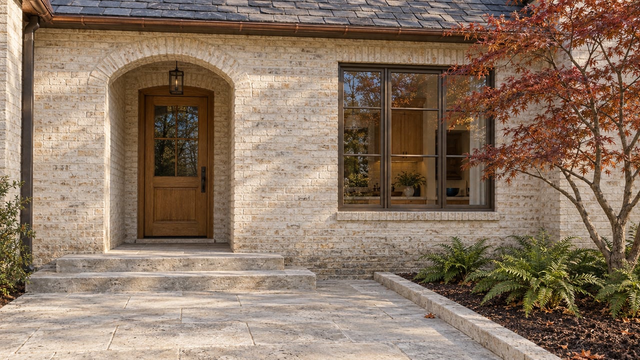 Cream brick home entrance with an oak door, bronze-framed window, limestone steps and a copper-leaved Japanese maple.