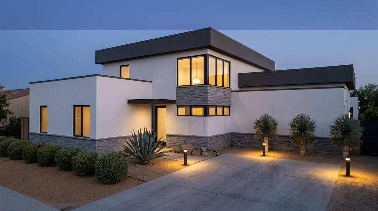 Contemporary Southwest home at dusk, warm light glowing through black-framed windows beside a xeriscape driveway.