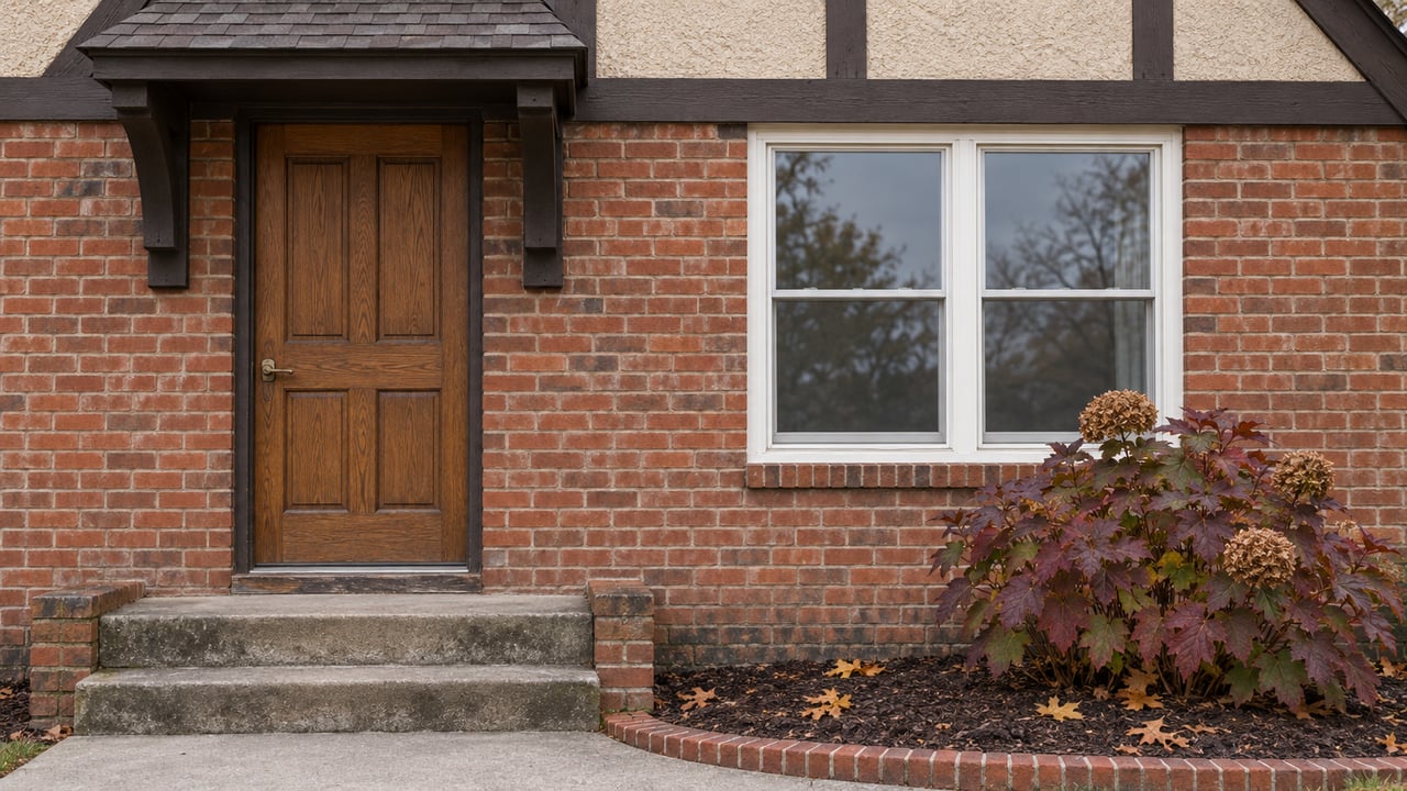 Wood front door and white-trimmed window in a weathered red-brick and tan-stucco facade, with concrete steps and burgundy oakleaf hydrangea.