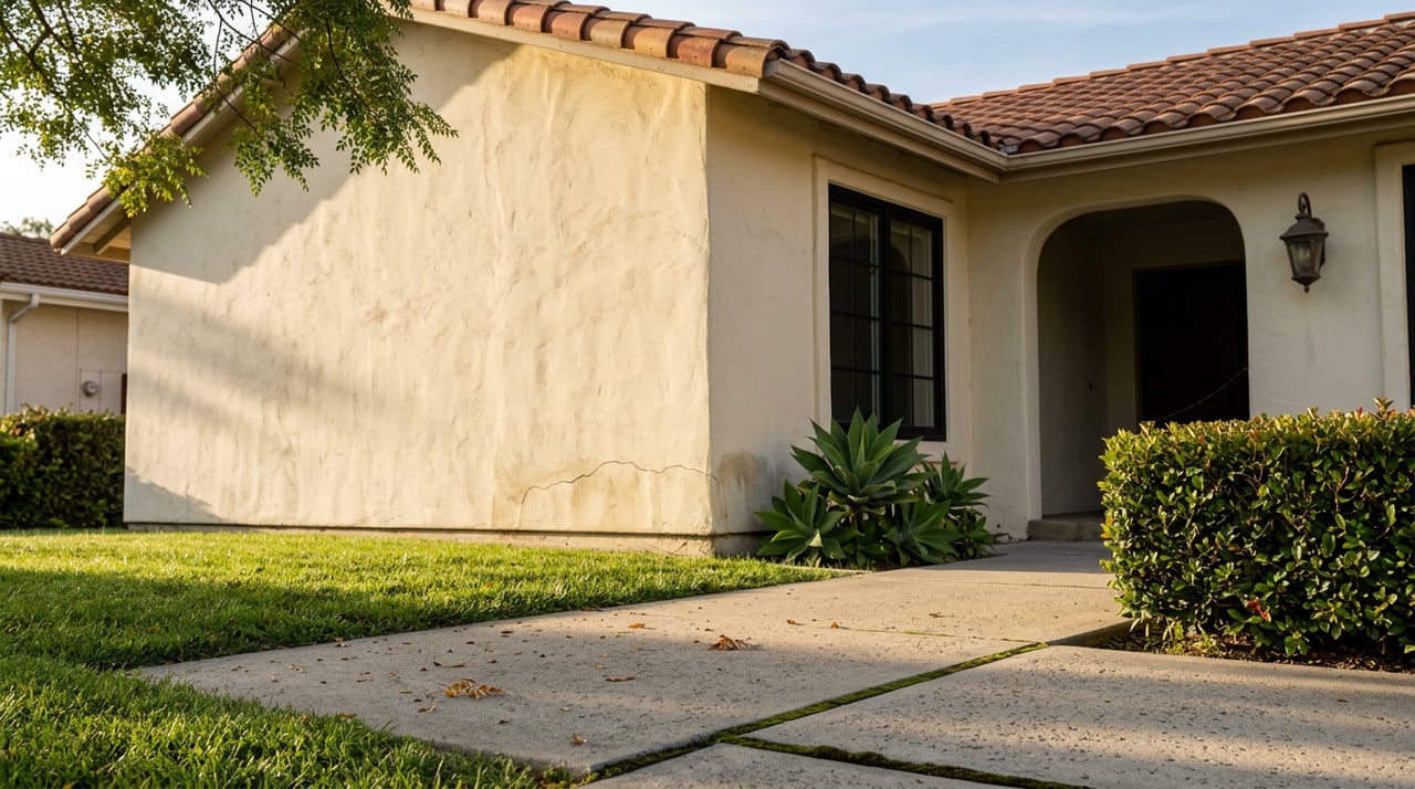 Stucco ranch porch corner beside a concrete walkway and lawn, with a terracotta tile eave, iron window, and agaves.