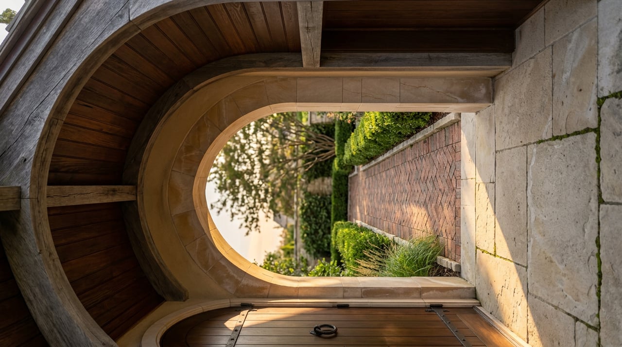 Stone archway frames a brick walkway lined with clipped hedges, with a dark wood entry door nearby.