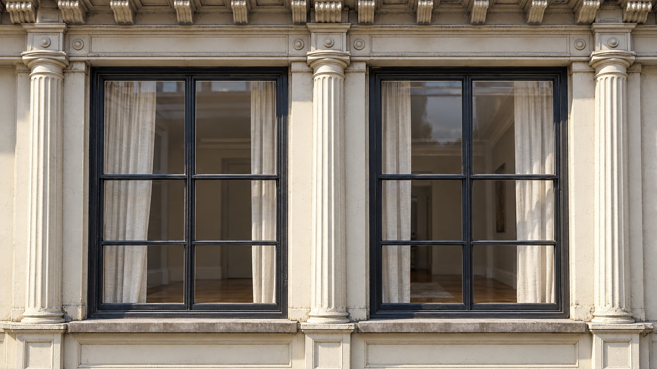 Two tall black-framed windows recessed between weathered ivory cast-iron columns, with linen curtains visible behind the closed glass.
