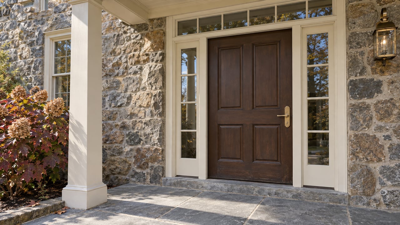 Fieldstone home entry with a dark paneled door, glazed sidelights, brass hardware and a bluestone landing beside burgundy oakleaf hydrangea.
