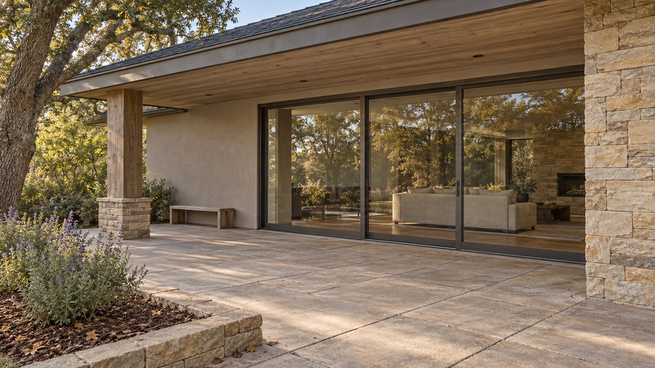 Covered ranch-home patio with cedar eaves, sandstone chimney, closed bronze-framed glazing and native planting beside pale paving.