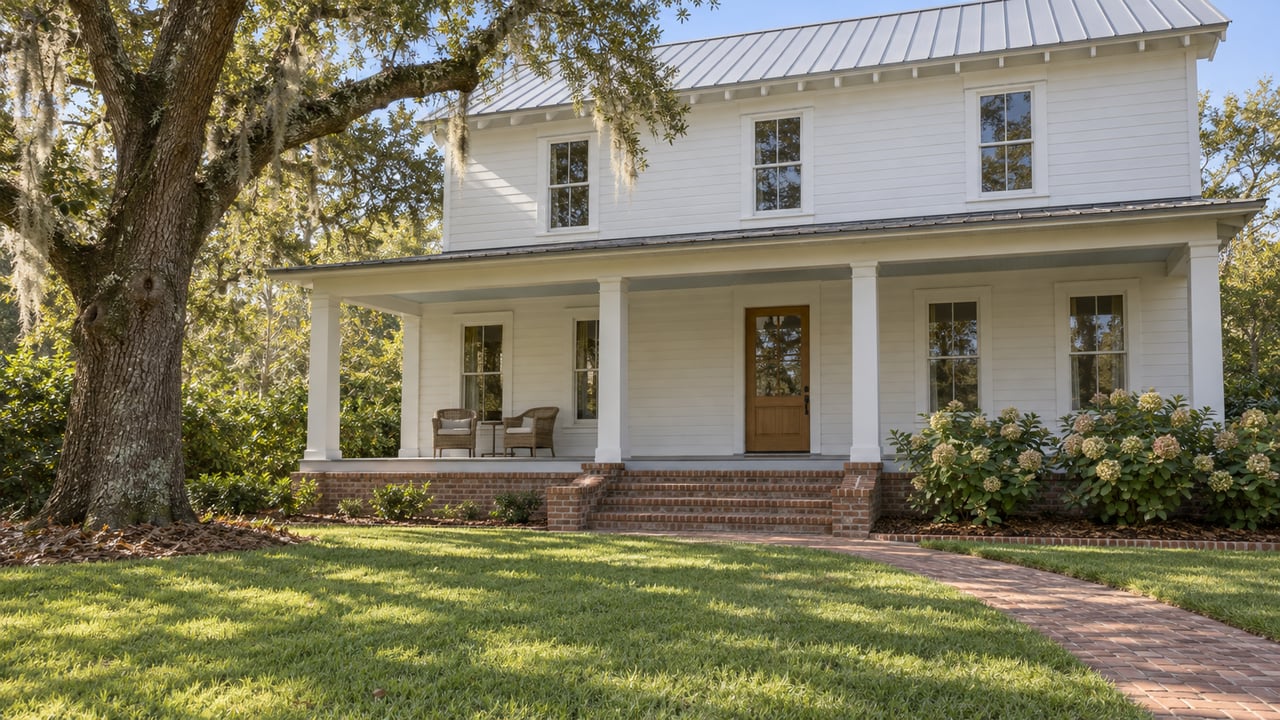 White clapboard home with a metal roof and raised brick porch, viewed across a deep lawn beneath a spreading live oak.