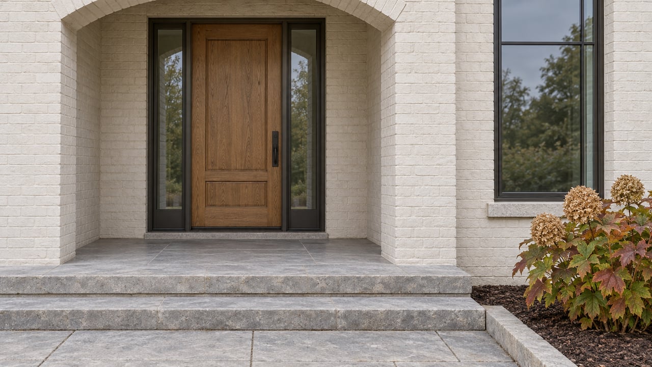 Arched white-painted brick porch with an oak door, paired glass sidelights, limestone steps, and an oakleaf hydrangea.