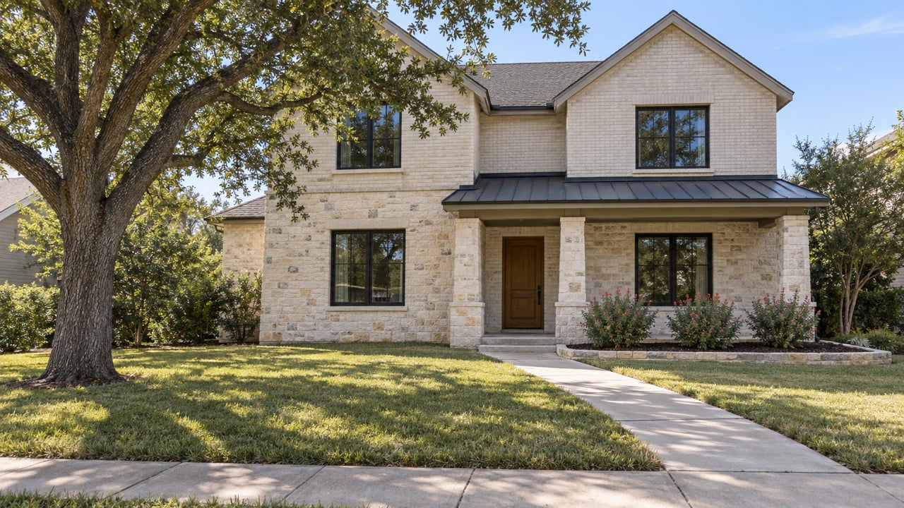 Two-story cream brick and pale limestone home behind a deep lawn, with a mature live oak and a concrete walk leading to a recessed wood entry.
