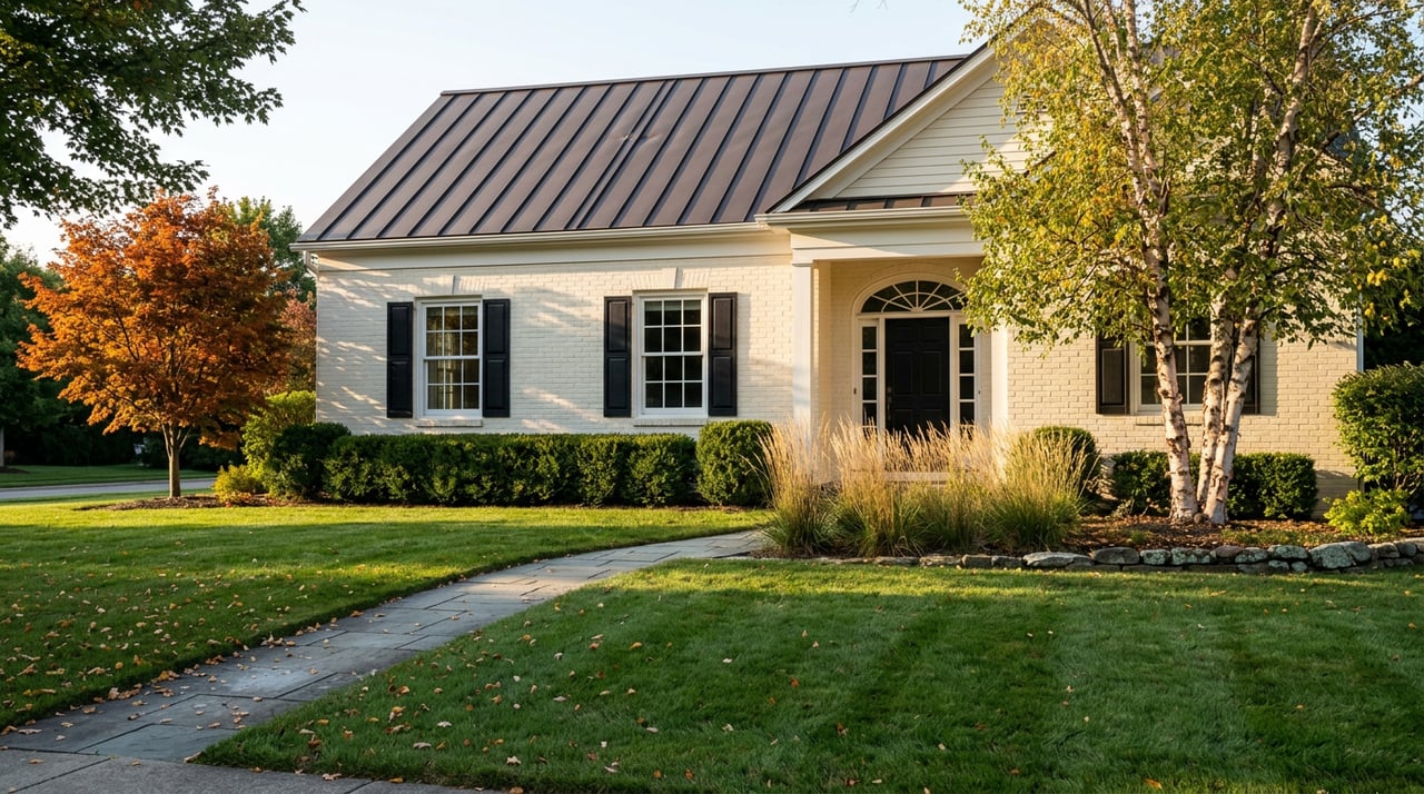 Ivory brick colonial with black shutters, a curving bluestone walk, and autumn trees framing its lawn.