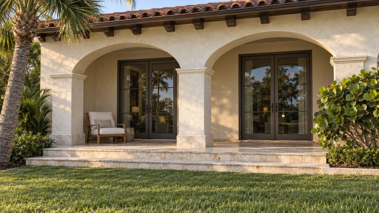 Cream stucco home with terracotta roof, two arched terrace bays, limestone steps, and a sunlit subtropical lawn.