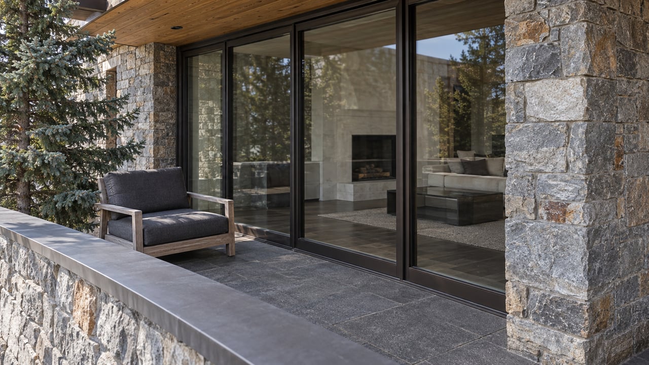 Stone and timber balcony with a teak chair, dark framed glazing and blue-green spruce branches.