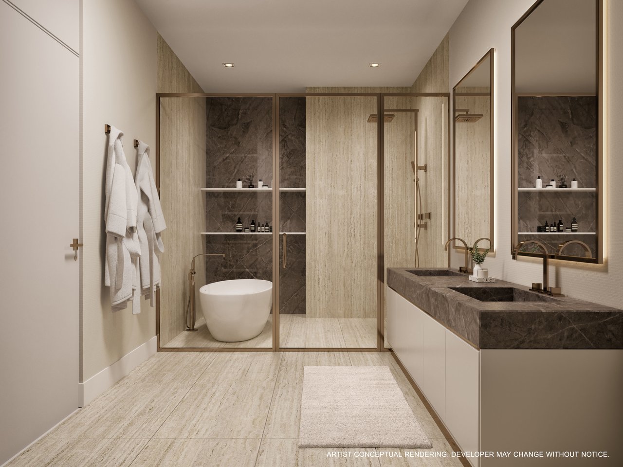 Modern bathroom with a freestanding tub, glass-enclosed shower, and double vanity with dark stone counters.