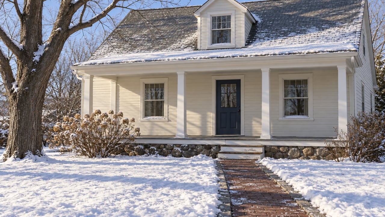 Snow-covered front lawn and shoveled brick walk leading to an ivory clapboard home with a covered porch and dormer.