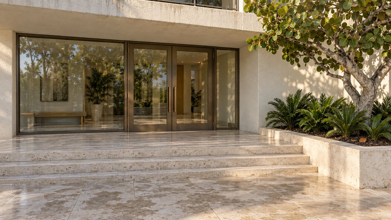 Sunlit limestone arrival court outside a contemporary residence, with bronze-framed glass doors and a raised sea grape planting bed.