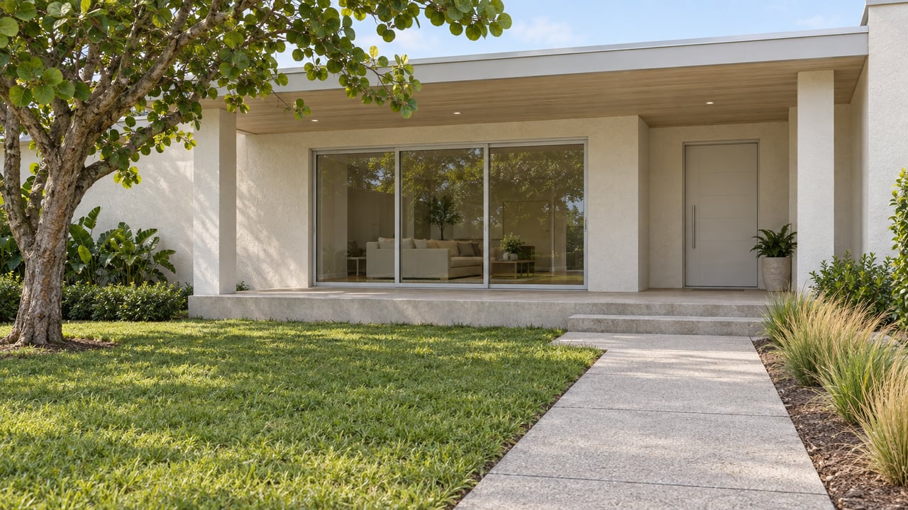 A pale coastal-style home with a covered terrace, closed glass doors, a deep lawn and a sculptural sea grape tree.