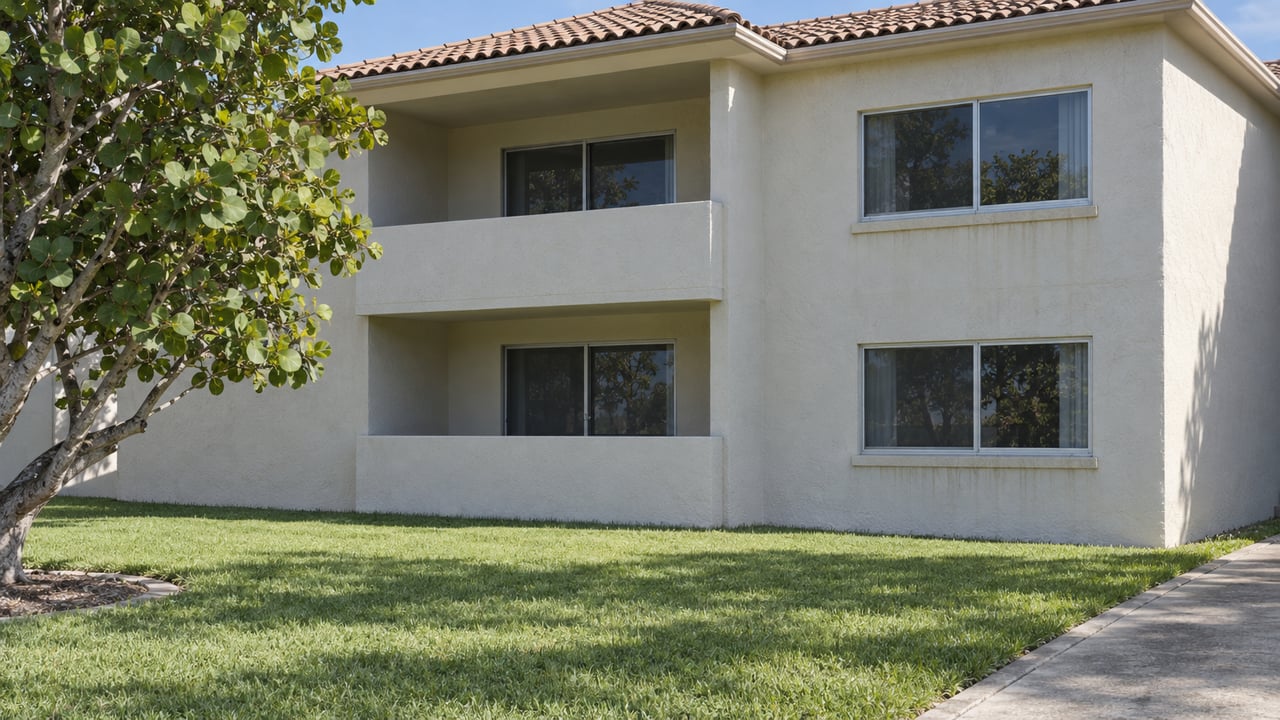 Cream-stucco two-story condominium with recessed balconies, terracotta roof tiles, shared lawn and a sea grape tree in clear daylight.