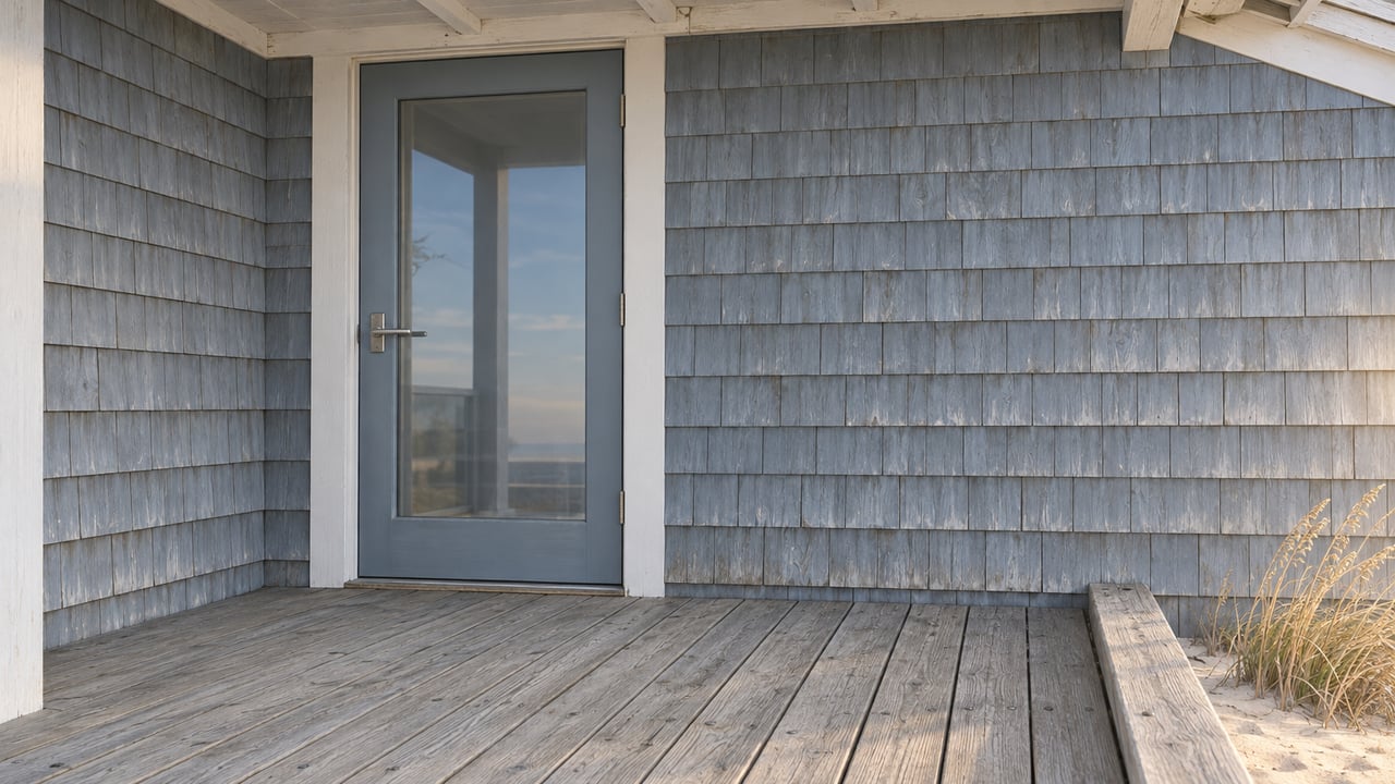 A closed glass entry door and pale blue-gray cedar shingles above a weathered timber porch, with sea oats growing in sand below the deck edge.