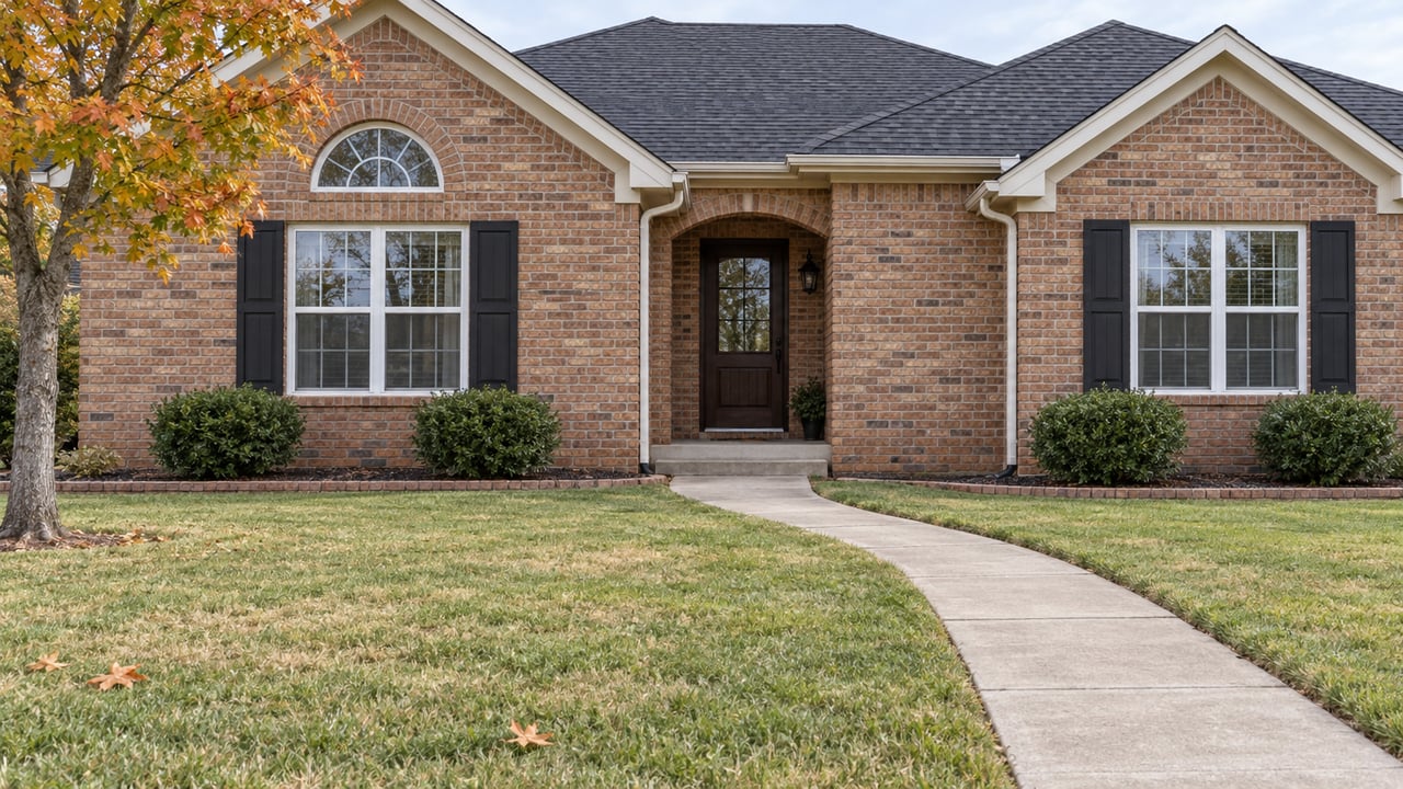 Brick home with charcoal gables, shuttered windows and a recessed arched entrance beyond a broad autumn lawn.