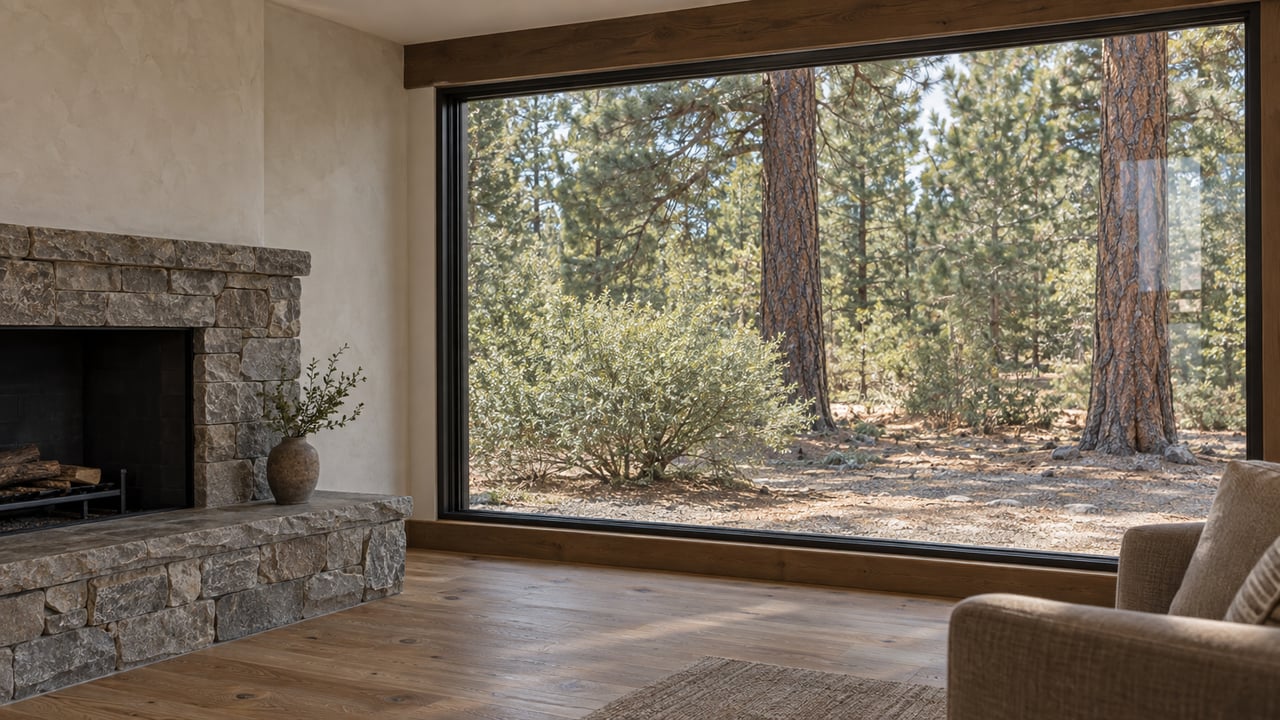 Living room with a gray basalt fireplace, oak floor, and large window overlooking pine trunks.