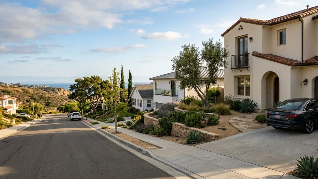 Coastal residential street with a cream stucco home, landscaped yard, and ocean visible beyond the bluff.
