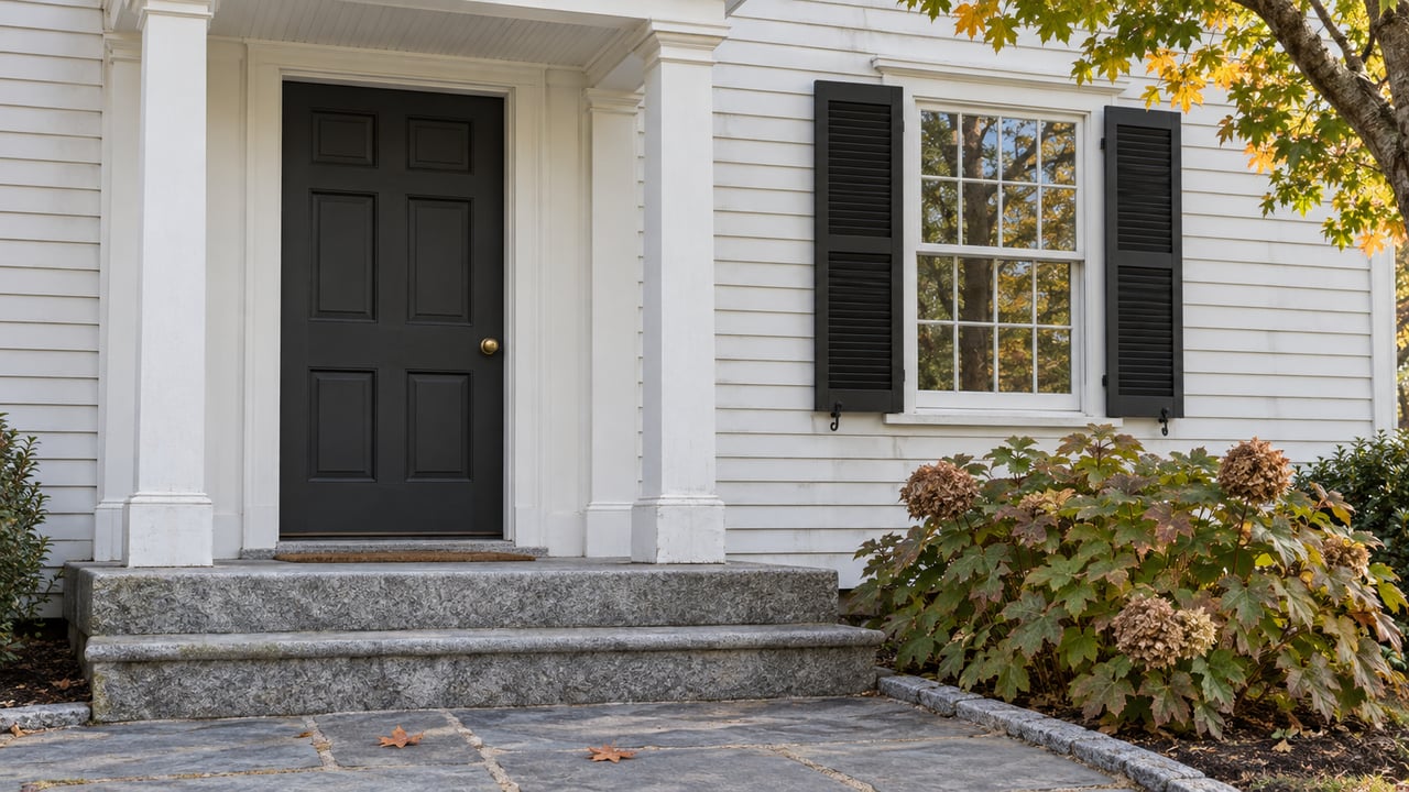 Clapboard house entrance with a charcoal door, white canopy columns, shuttered window, and worn granite steps in soft morning light.