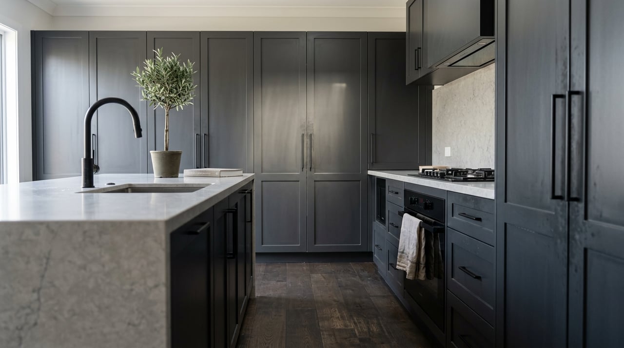 Charcoal shaker kitchen with a veined quartz island, black gooseneck faucet, and small potted olive tree.