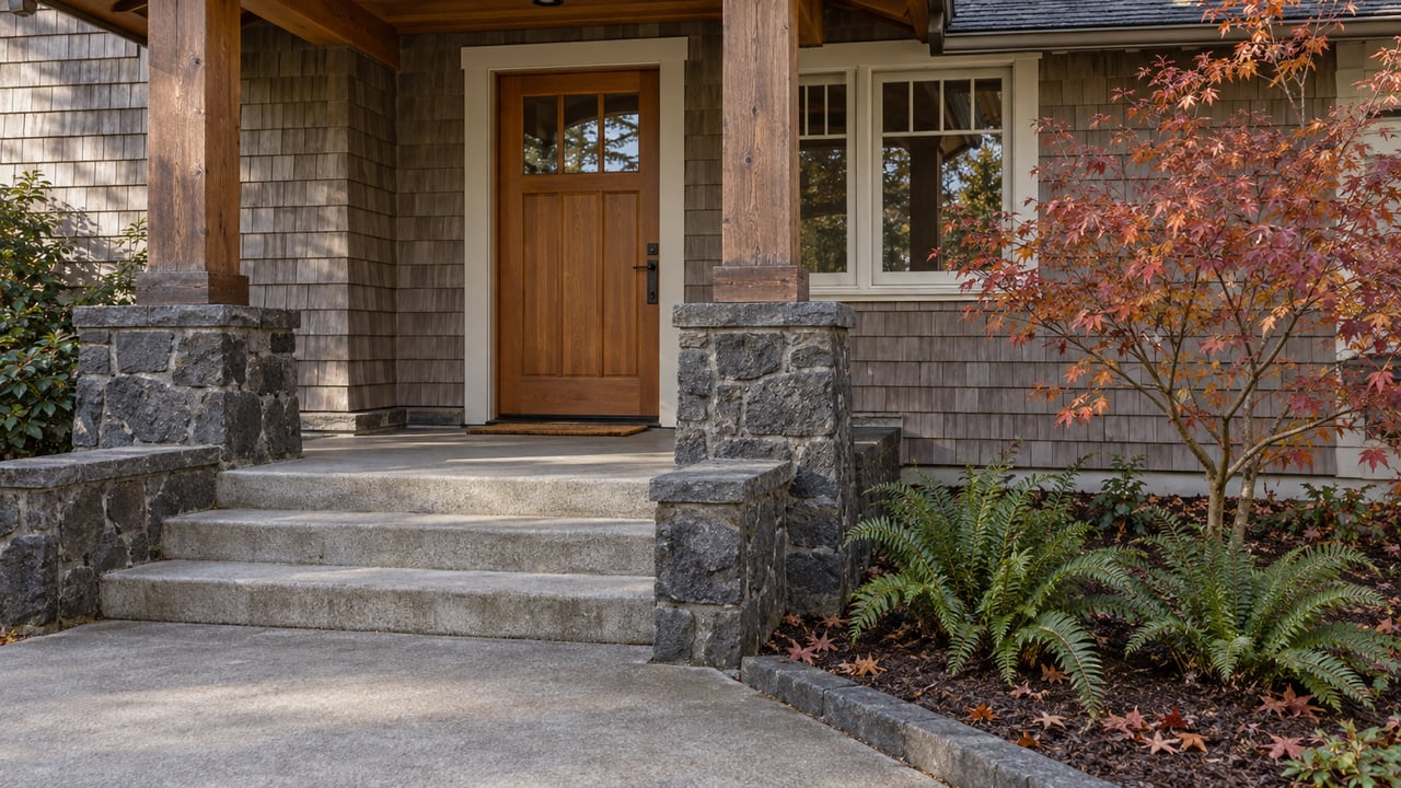 Timber-supported cedar-shingle home entry with basalt stonework, worn concrete steps and copper-red vine maple leaves.