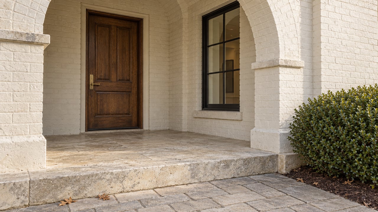 Cream-painted brick arch shelters an oak front door beside a multipane window, with worn limestone steps and a clipped inkberry planting.