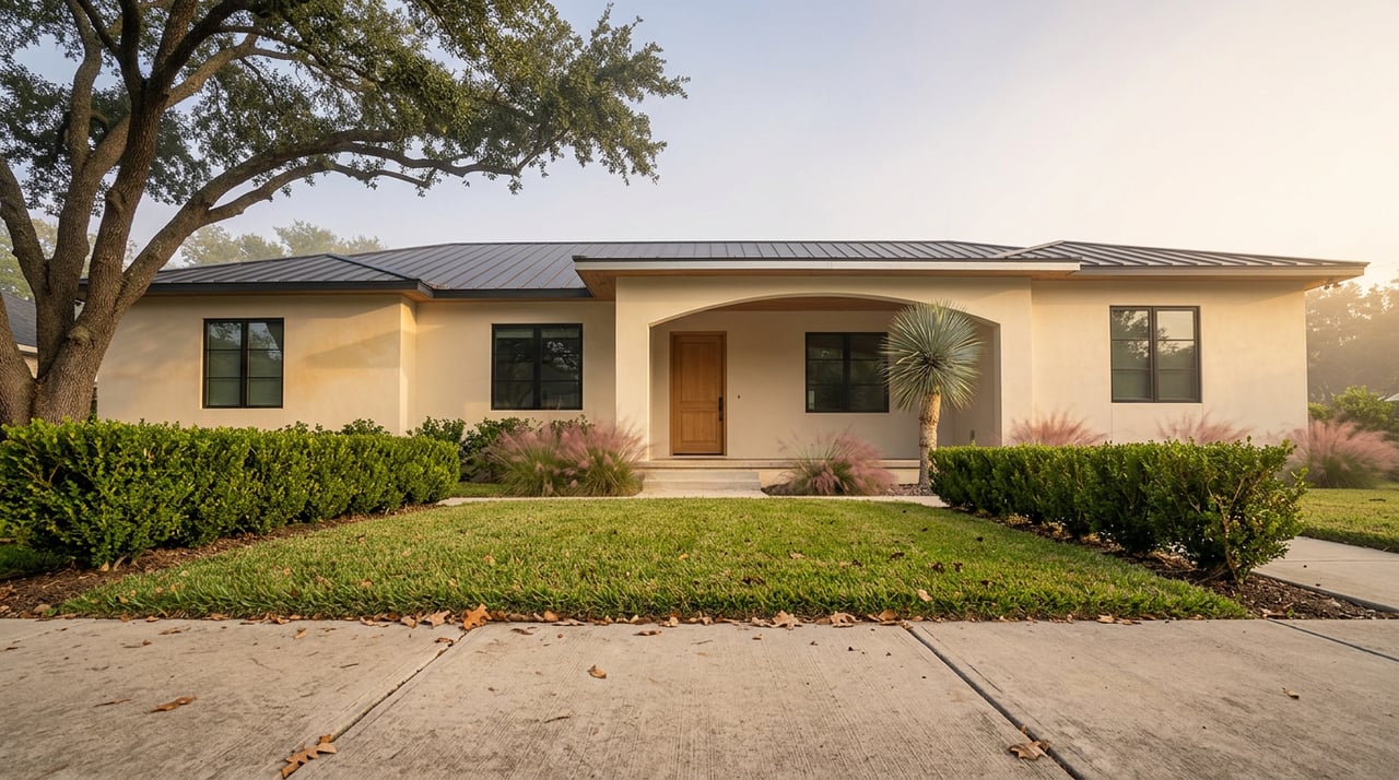 Single-story ivory stucco home with an arched porch, oak tree canopy, and landscaped walkway across a broad lawn.