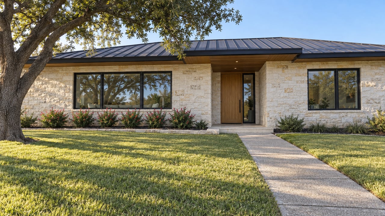 A low limestone and wood residence behind a deep front lawn, with black-framed windows and one mature live oak in morning light.