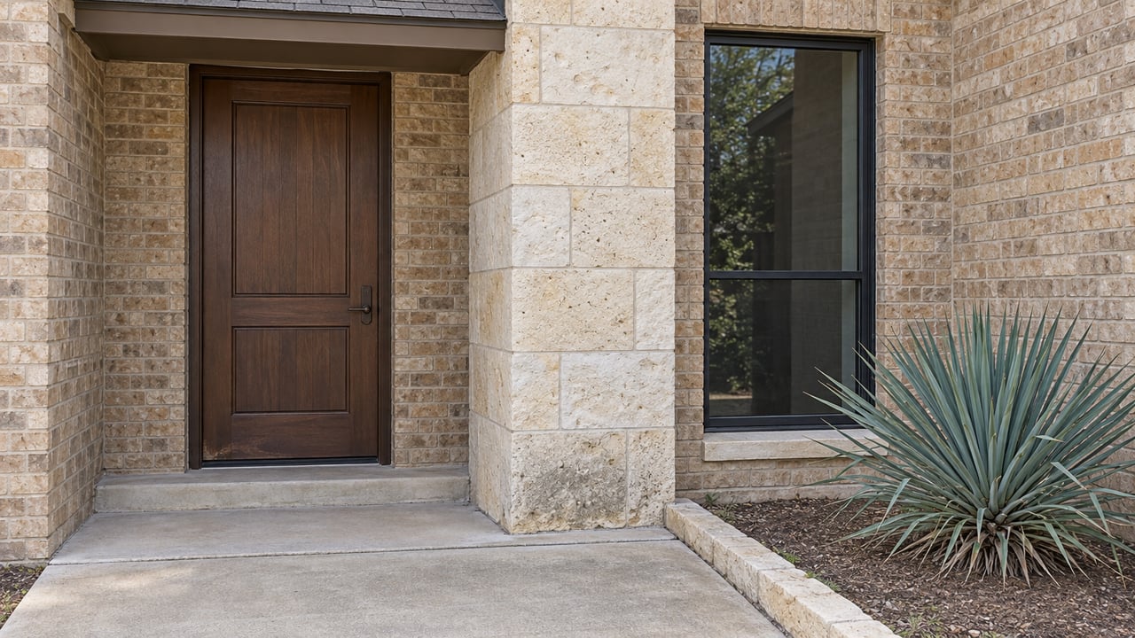 Close exterior view of a brown front door, sandy brick and limestone entry beside a tall black-framed window and one blue-leaved yucca.