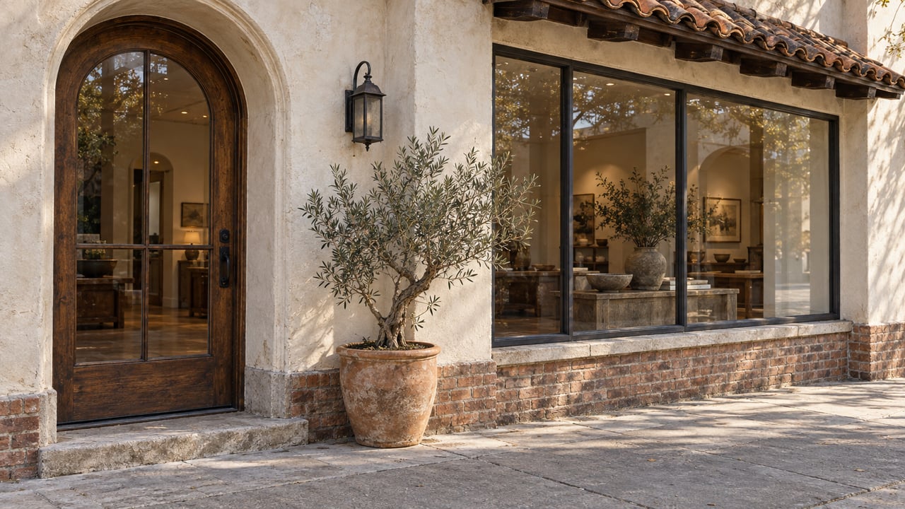 Two-story cream-stucco storefront with an arched timber door, steel-framed window, and potted olive tree.