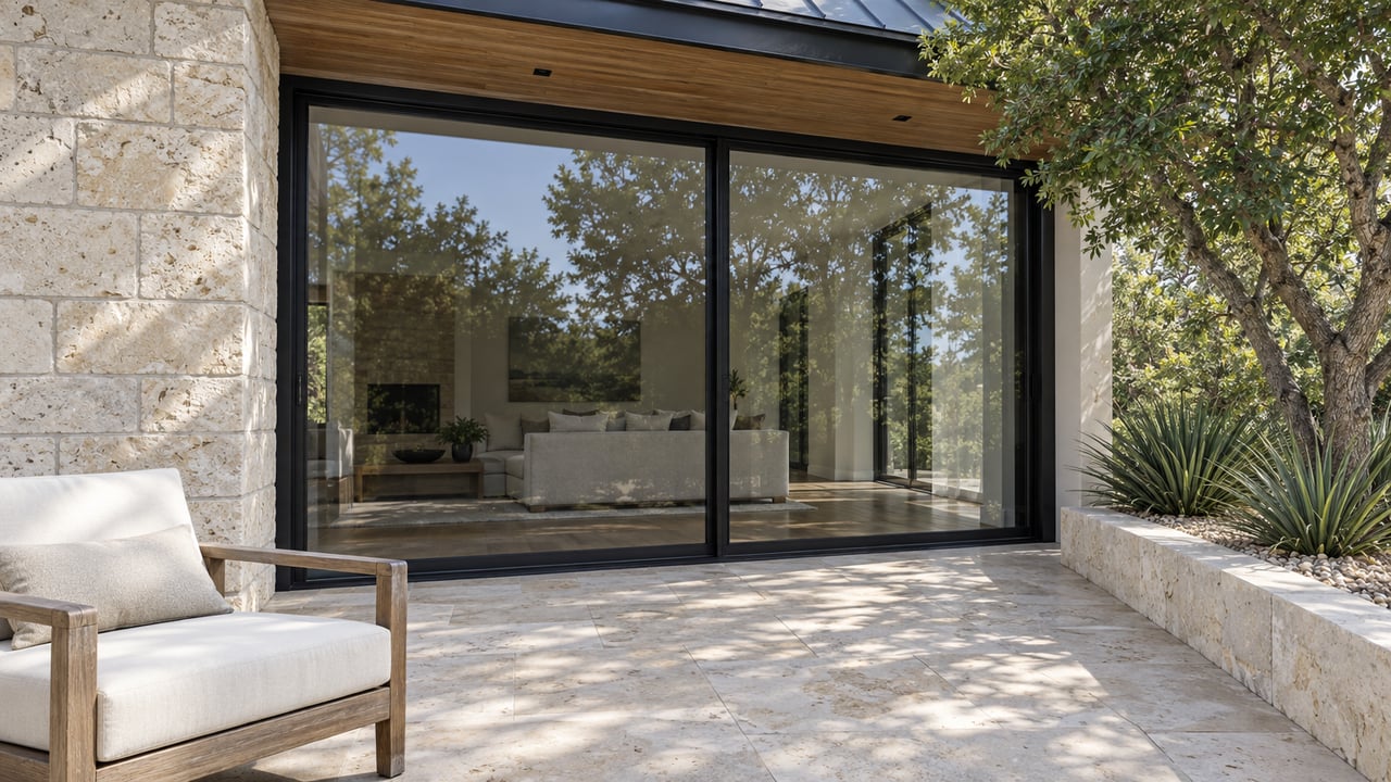 Covered limestone terrace with a teak lounge chair, black-framed glass doors and a live oak beside a stone-edged planting bed.