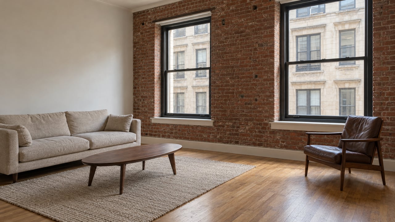 Tall-windowed living room with exposed red brick, warm oak floors, an oatmeal sofa and a walnut leather chair.