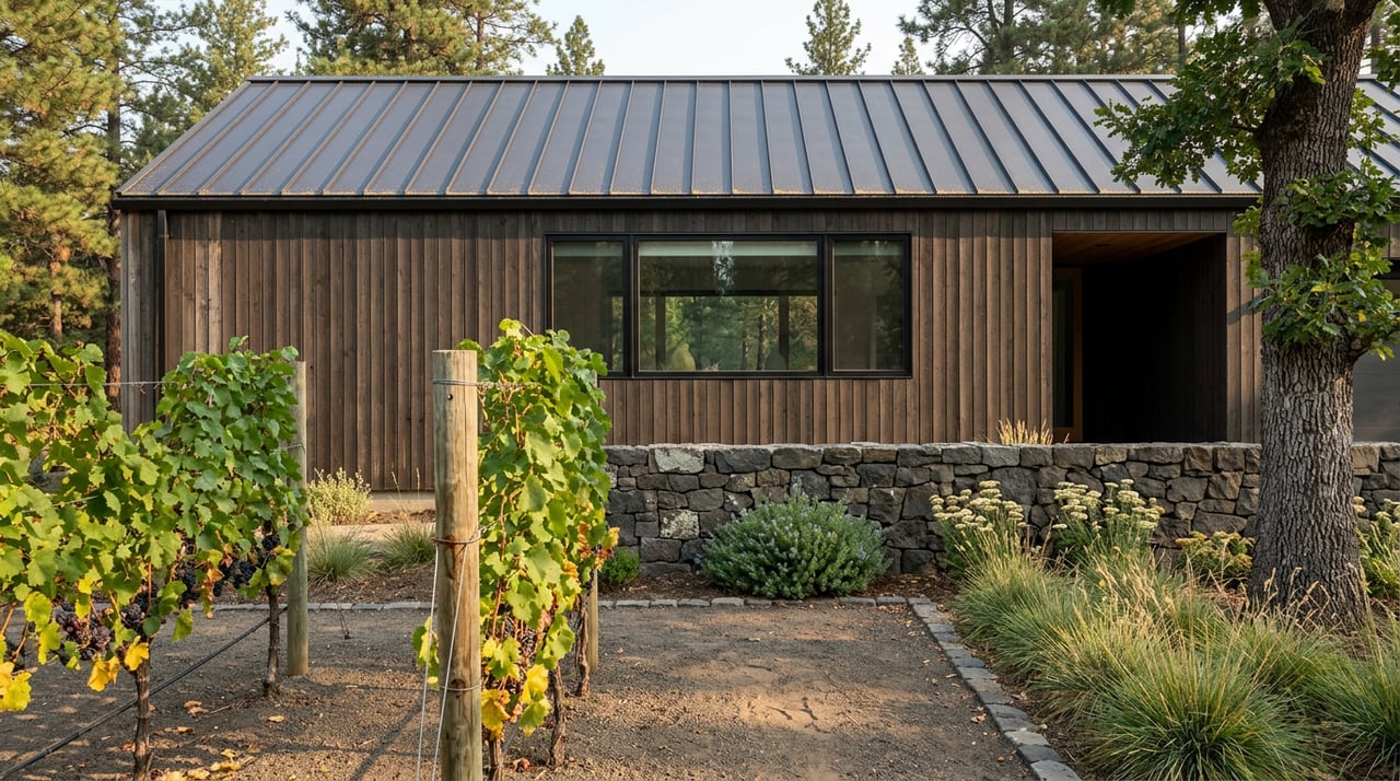 Dark cedar home behind a dry-stacked basalt wall and rows of grapevines.