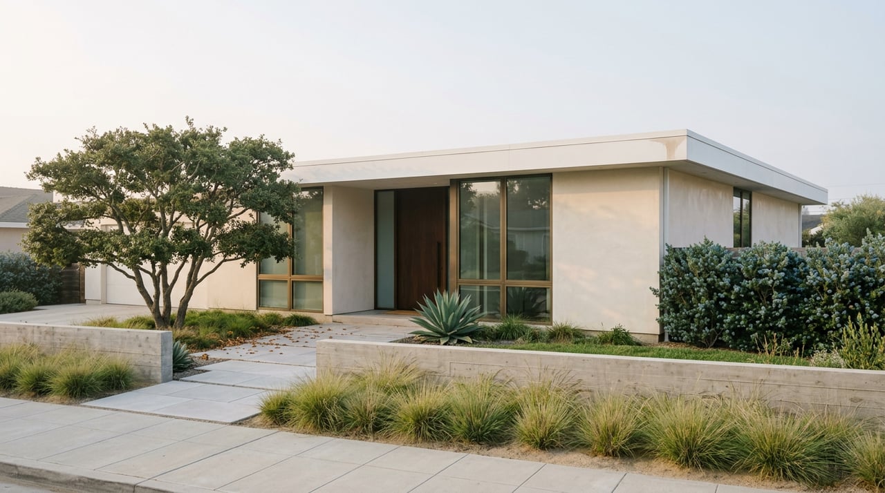 Single-story coastal modern home with bronze-framed glass, a concrete garden wall, and native grasses beneath a live oak.