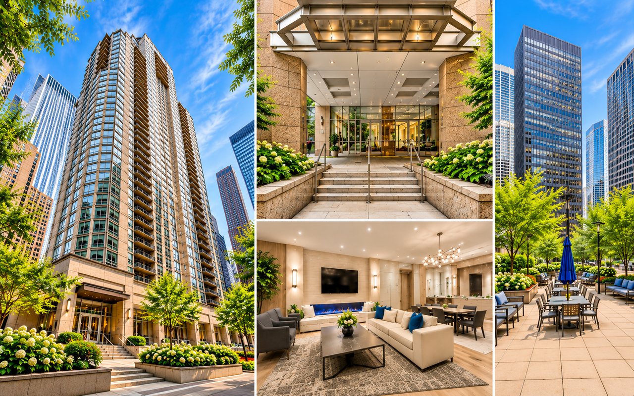 ark Millennium condominium building at 222 N Columbus Drive in Chicago, featuring the entrance, resident lounge, and outdoor terrace.