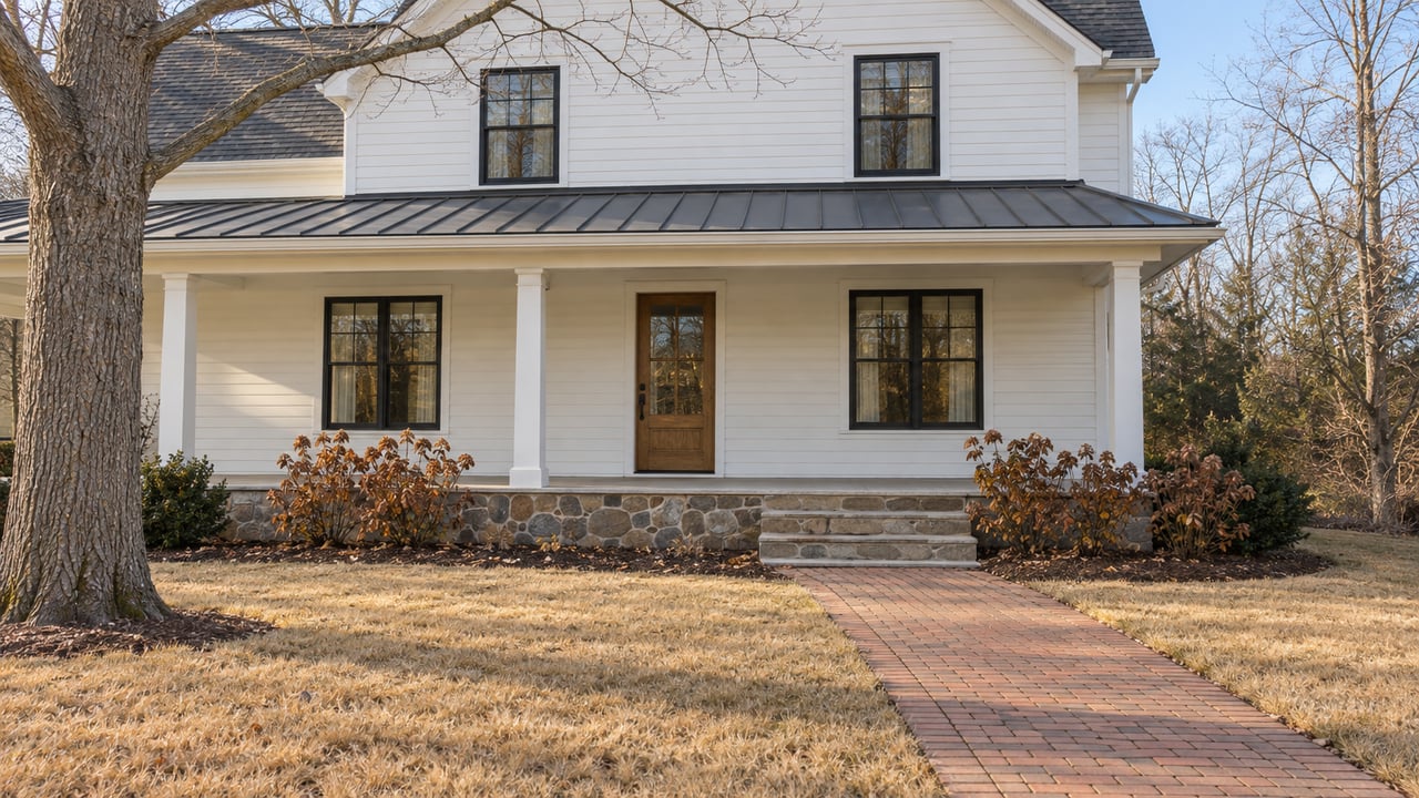 White two-story home with a broad metal-roofed porch, stone steps and a brick walk crossing a dormant lawn beneath a bare oak.