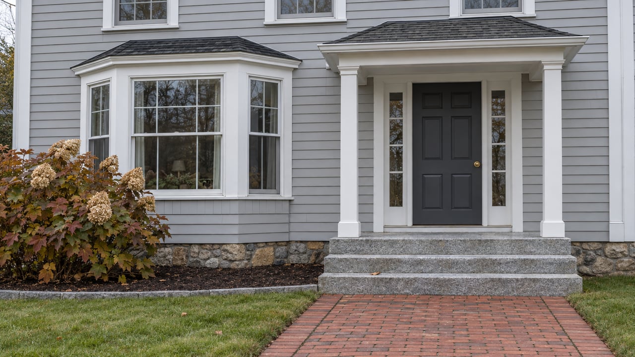 Gray clapboard home with a sheltered charcoal front door, white bay window, granite steps and a brick approach beside an autumn oakleaf hydrangea.