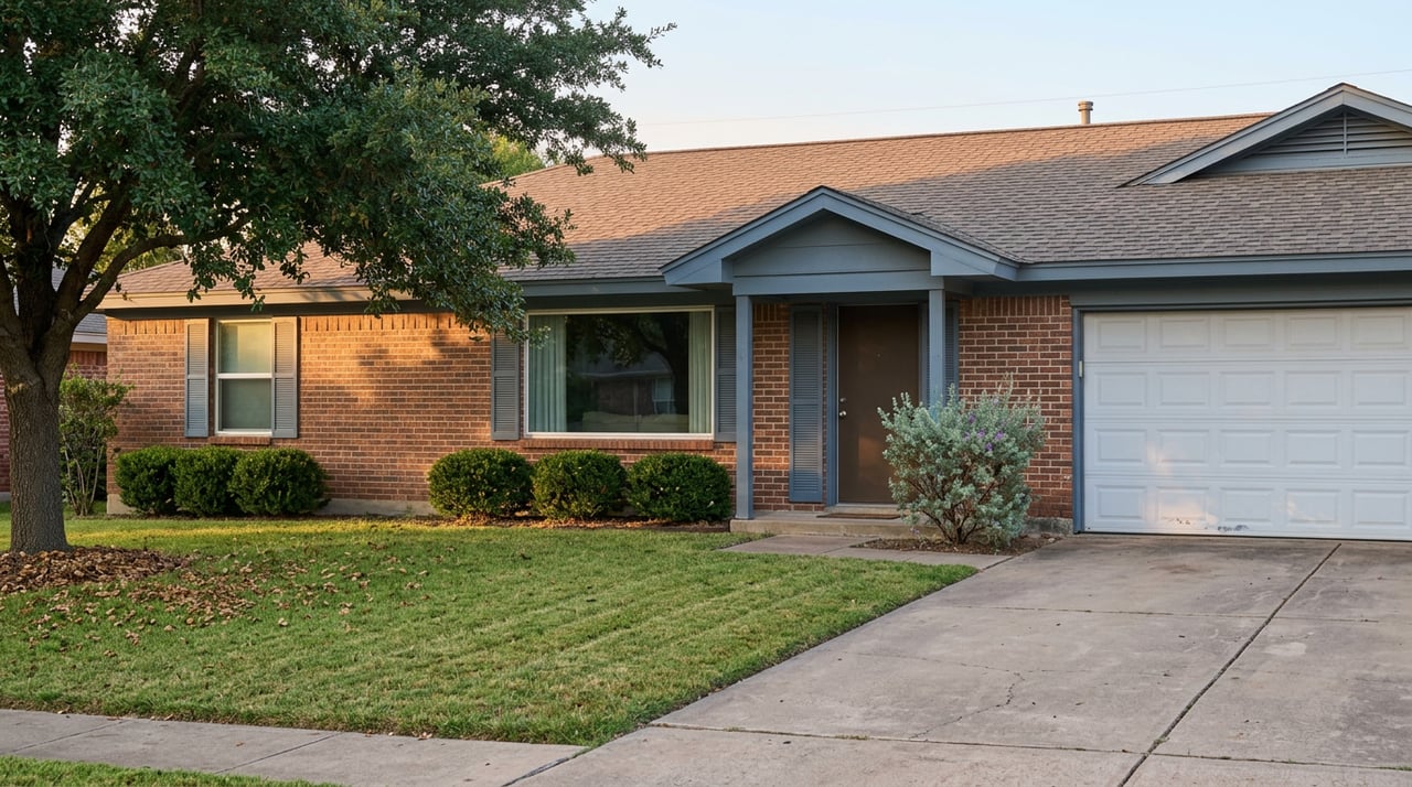 Red-brown brick ranch house with a white garage, blue shutters, and a mature oak shading the lawn.