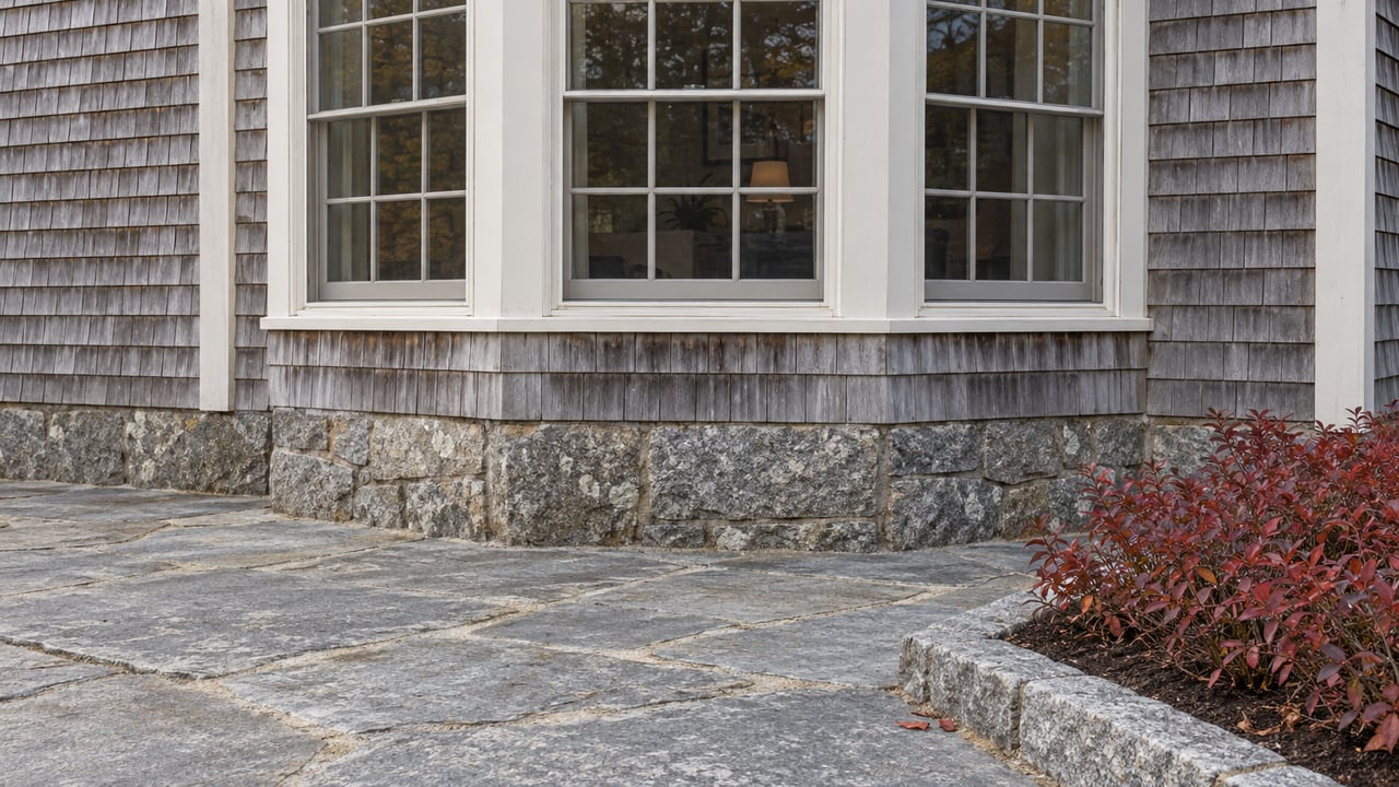 Weathered cedar-shingle window bay above a granite foundation and stone terrace, edged by wine-red lowbush blueberry leaves.